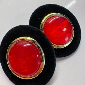 Vintage Avon 1991 Red Cabochon Velvet Earrings NIB Bold 90s Gold Trim 33